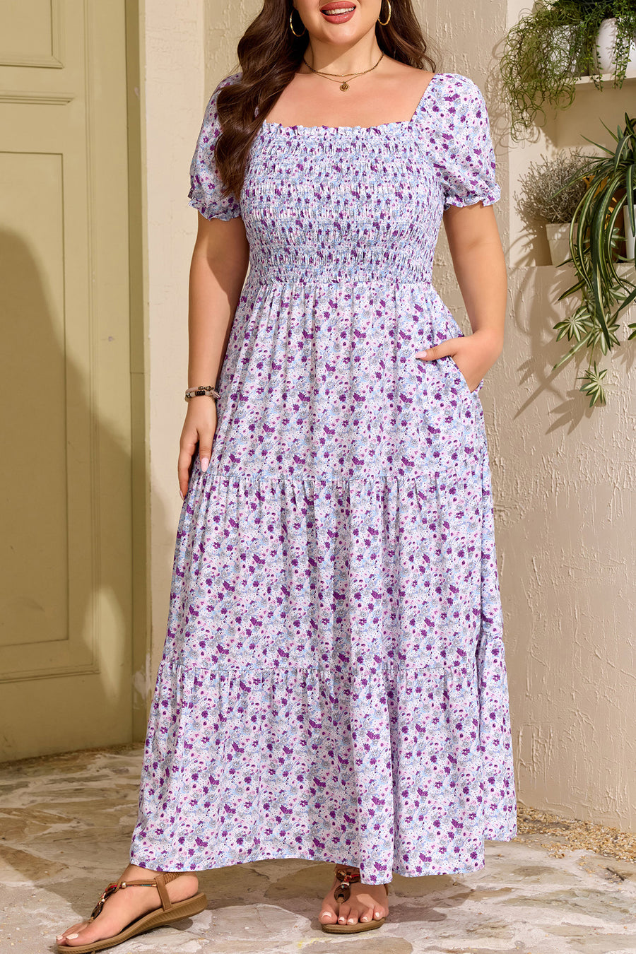 Floral Print Square Neck Smocked Plus Size Maxi Dress Women UK
