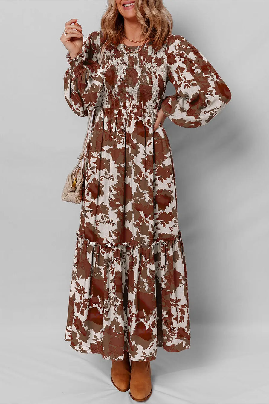 Orange Floral Smocked Bodice Puff Sleeve Ruffled Maxi Dress Women UK