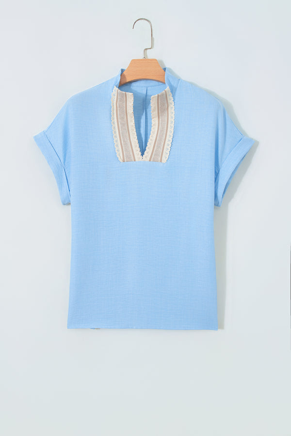 Crochet Lace Accent Pullover Short Sleeve Blouse Women UK