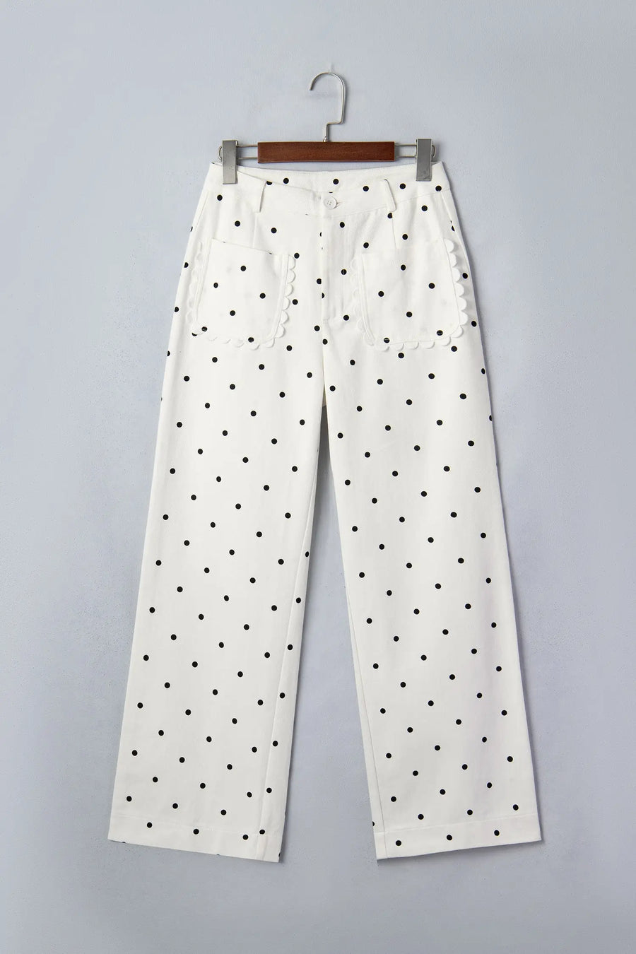Polka dot scalloped pocket cotton pants detail close-up | Fashionfitz UK