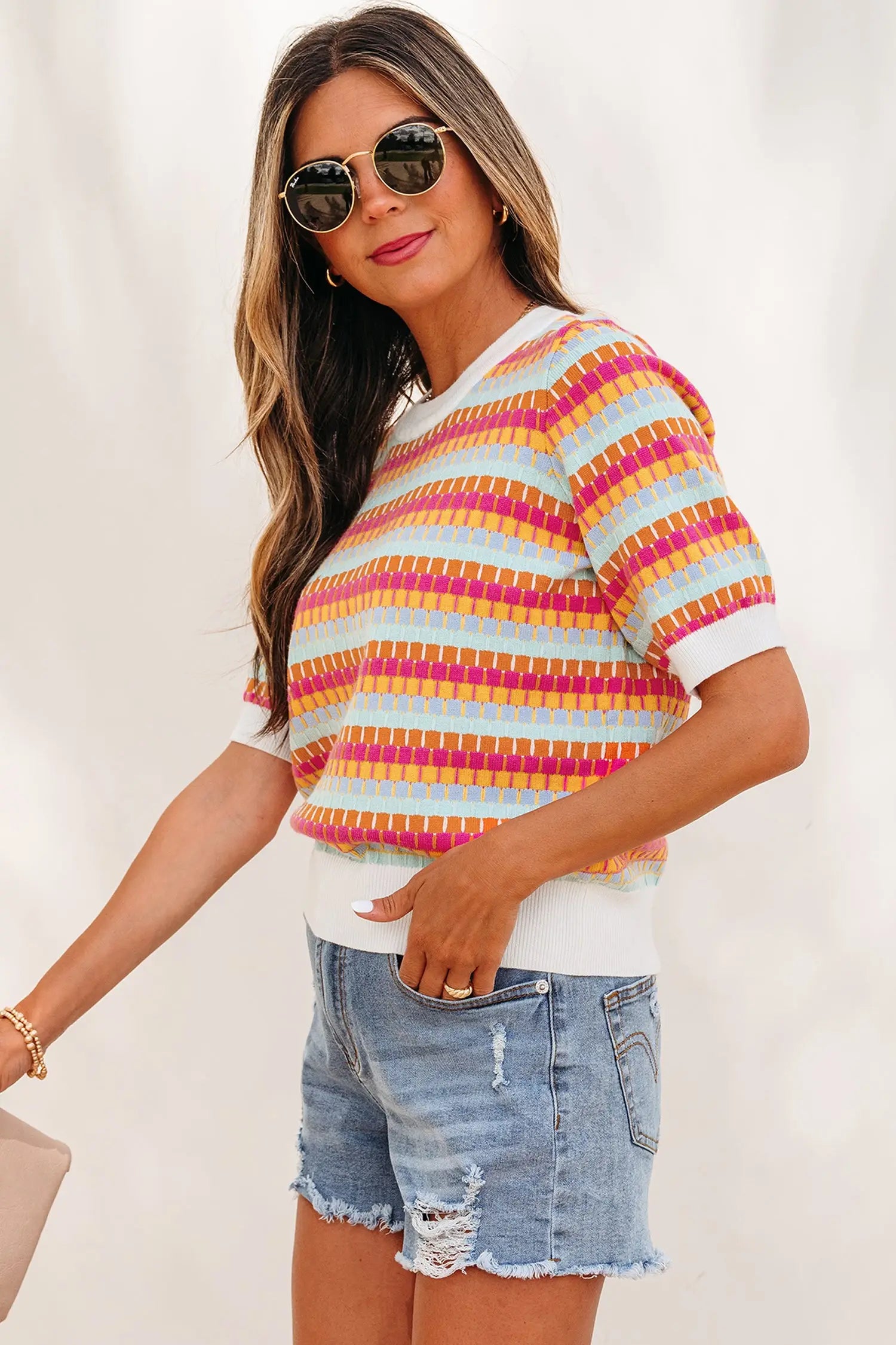 Abstract striped knit short sleeve sweater sweaters