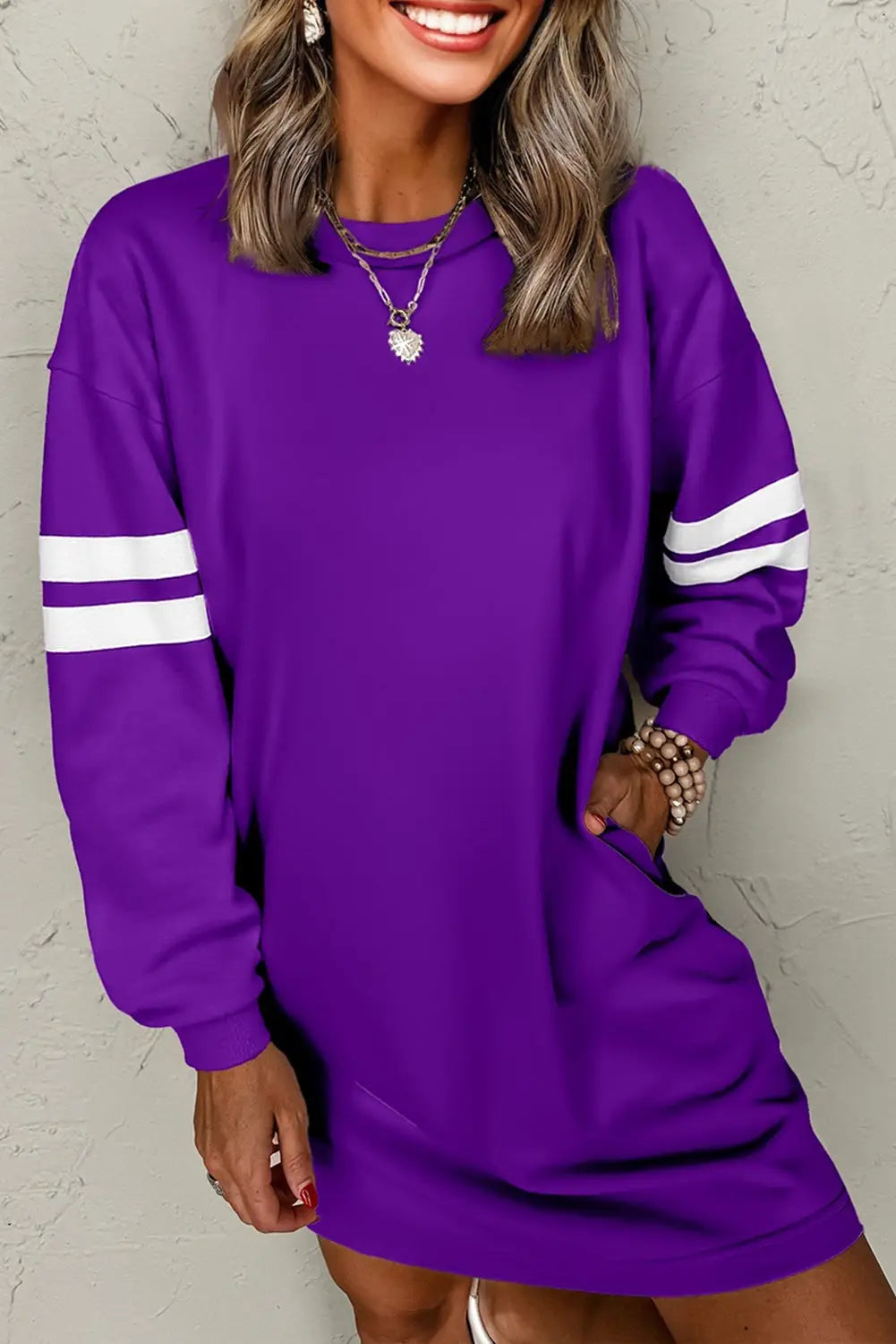 Black varsity contrast banded sleeve sweatshirt dress