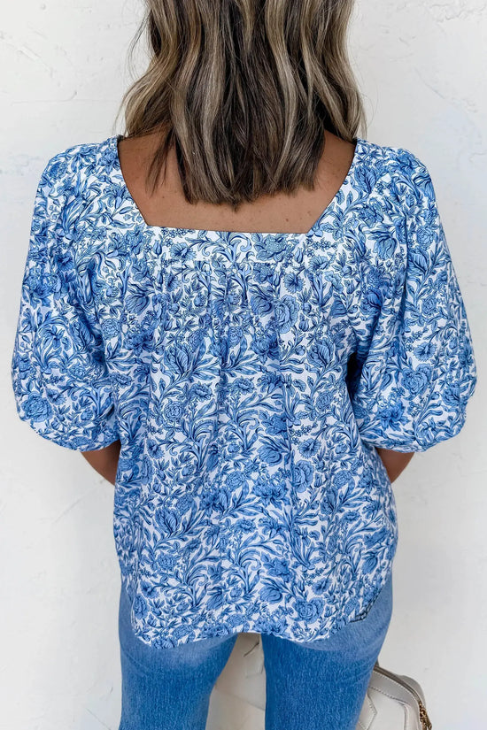 Sky blue square neck puff sleeve floral pleated blouse