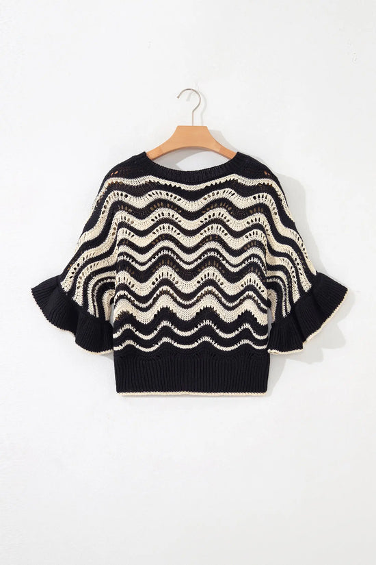 Wavy stripe crochet eyelet ruffle half sleeve knit sweater relaxed fit sweaters