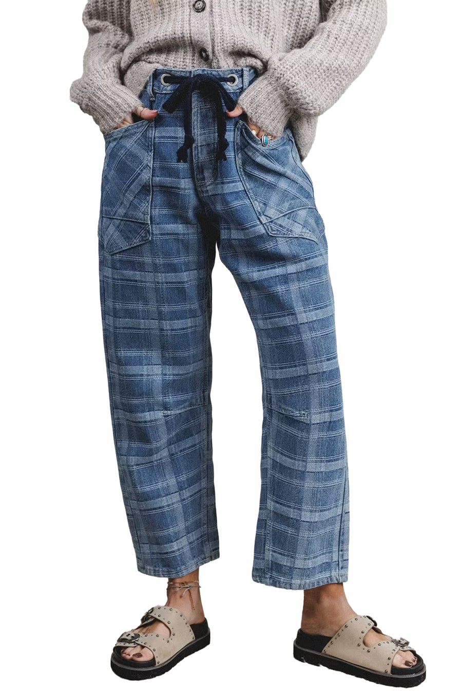 Sky blue plaid denim ankle-length jeans alternative angle — Fashionfitz UK