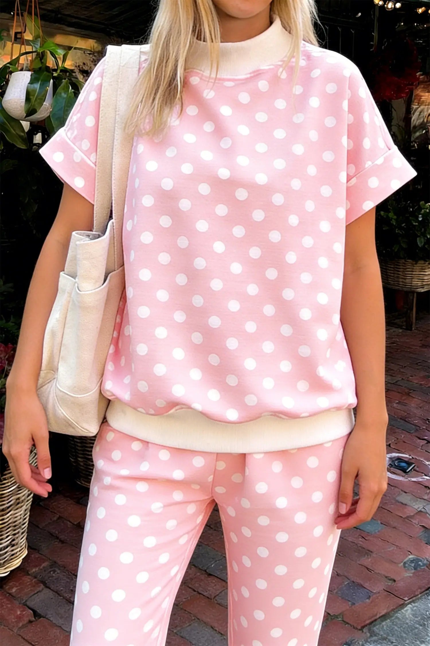 Pink polka dot print mock neck short sleeve top shift pant set