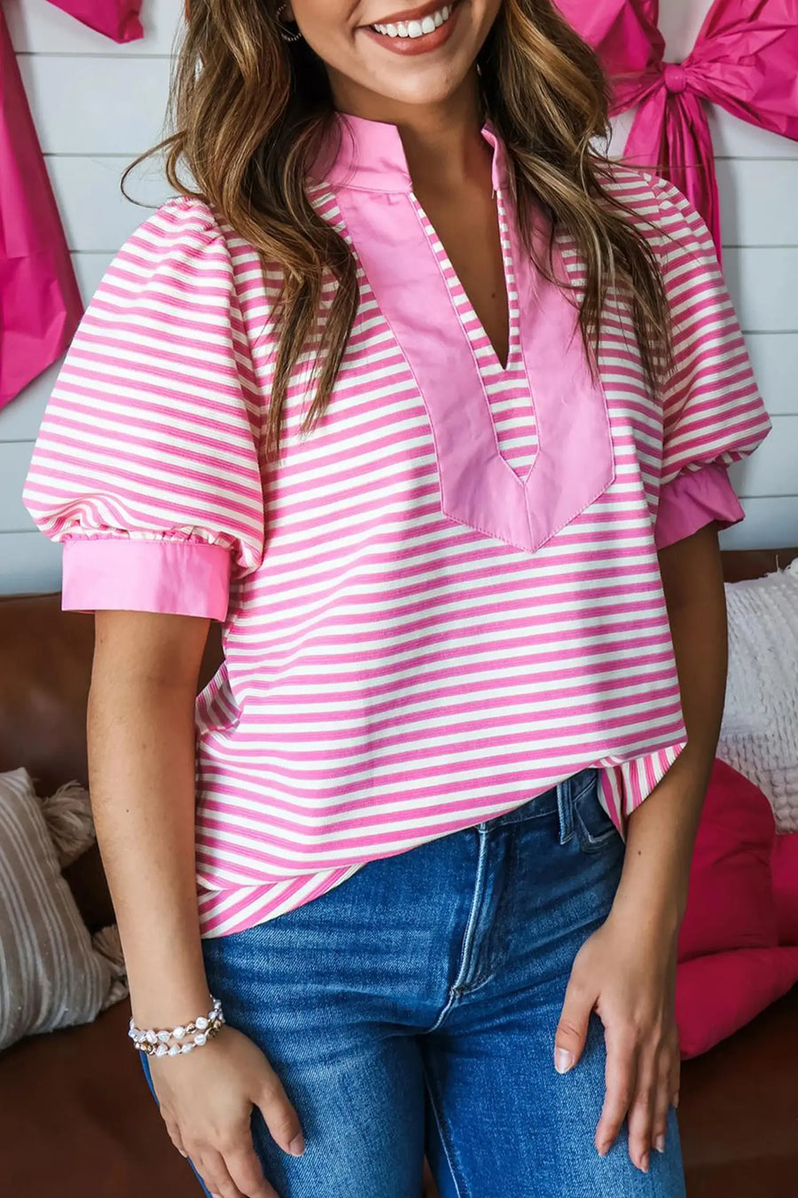 Pink Stripe Colourblock Split Neck Short Sleeve Blouse — back view | Fashionfitz UK