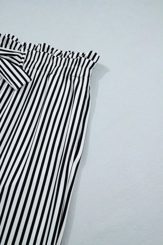 Black stripe plus size wide leg trousers elastic waist bow pockets
