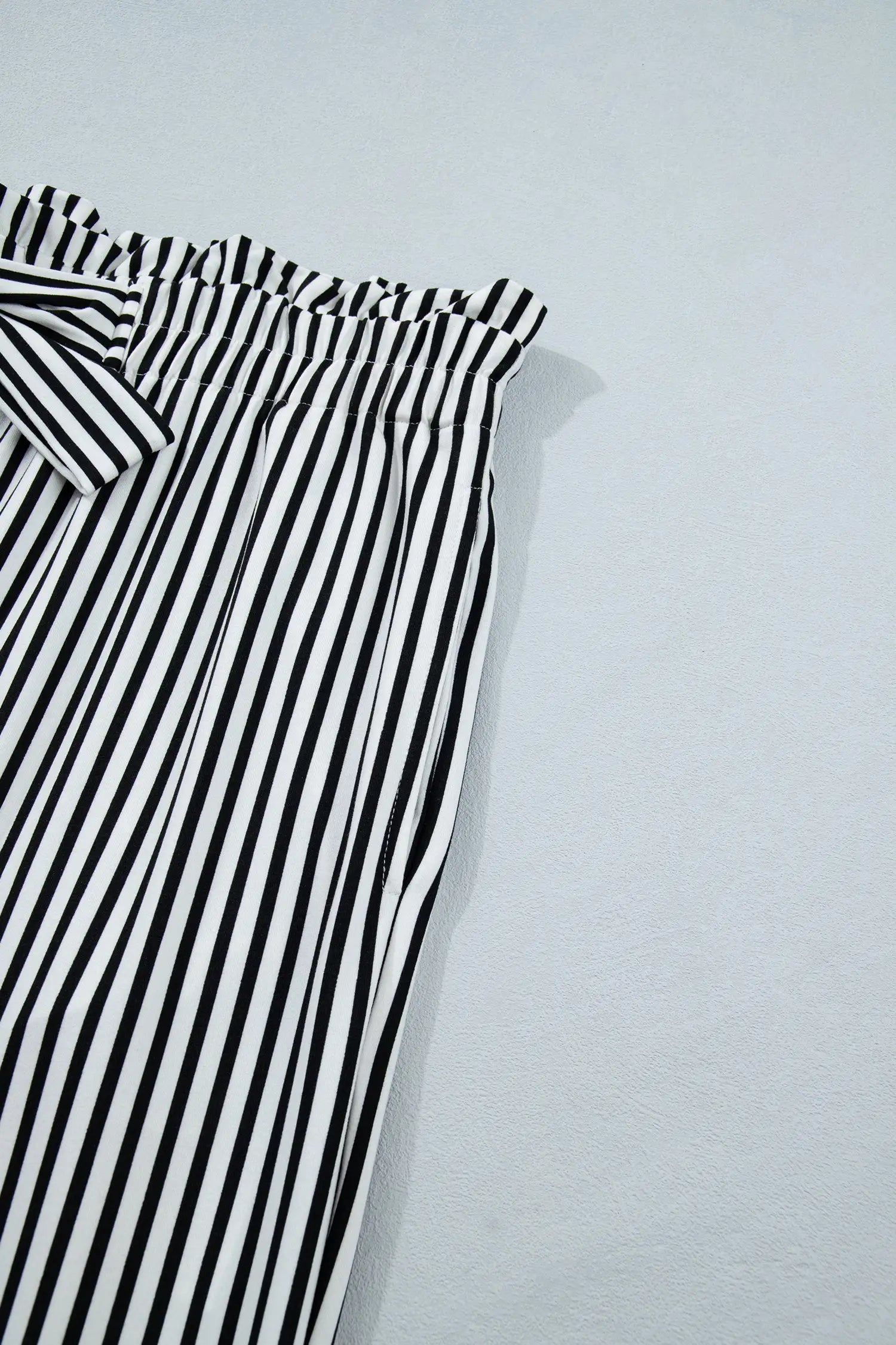 Black stripe plus size wide leg trousers elastic waist bow pockets