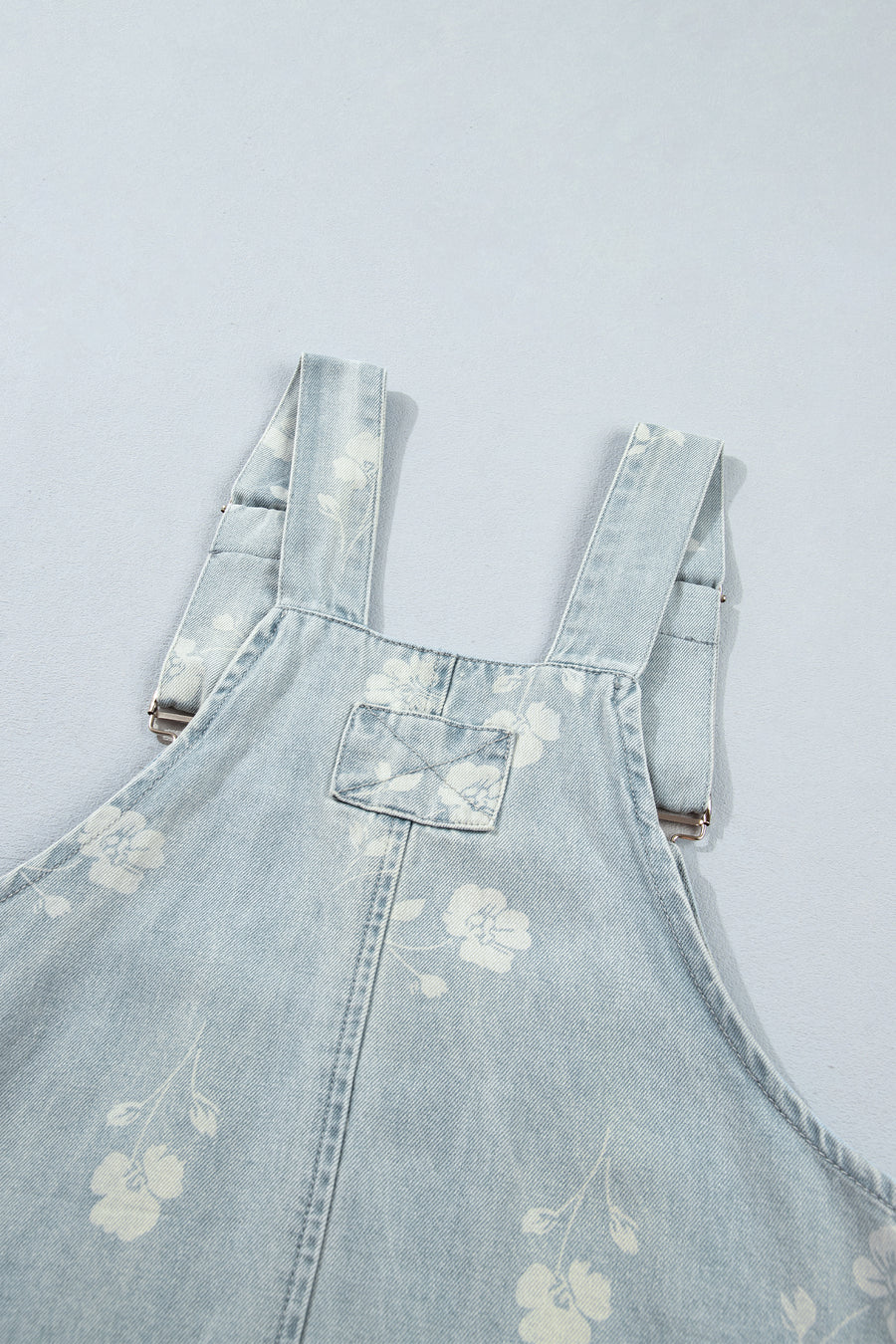 Sky Blue Retro Wash Denim Floral Print Overall Mini Dress Women UK