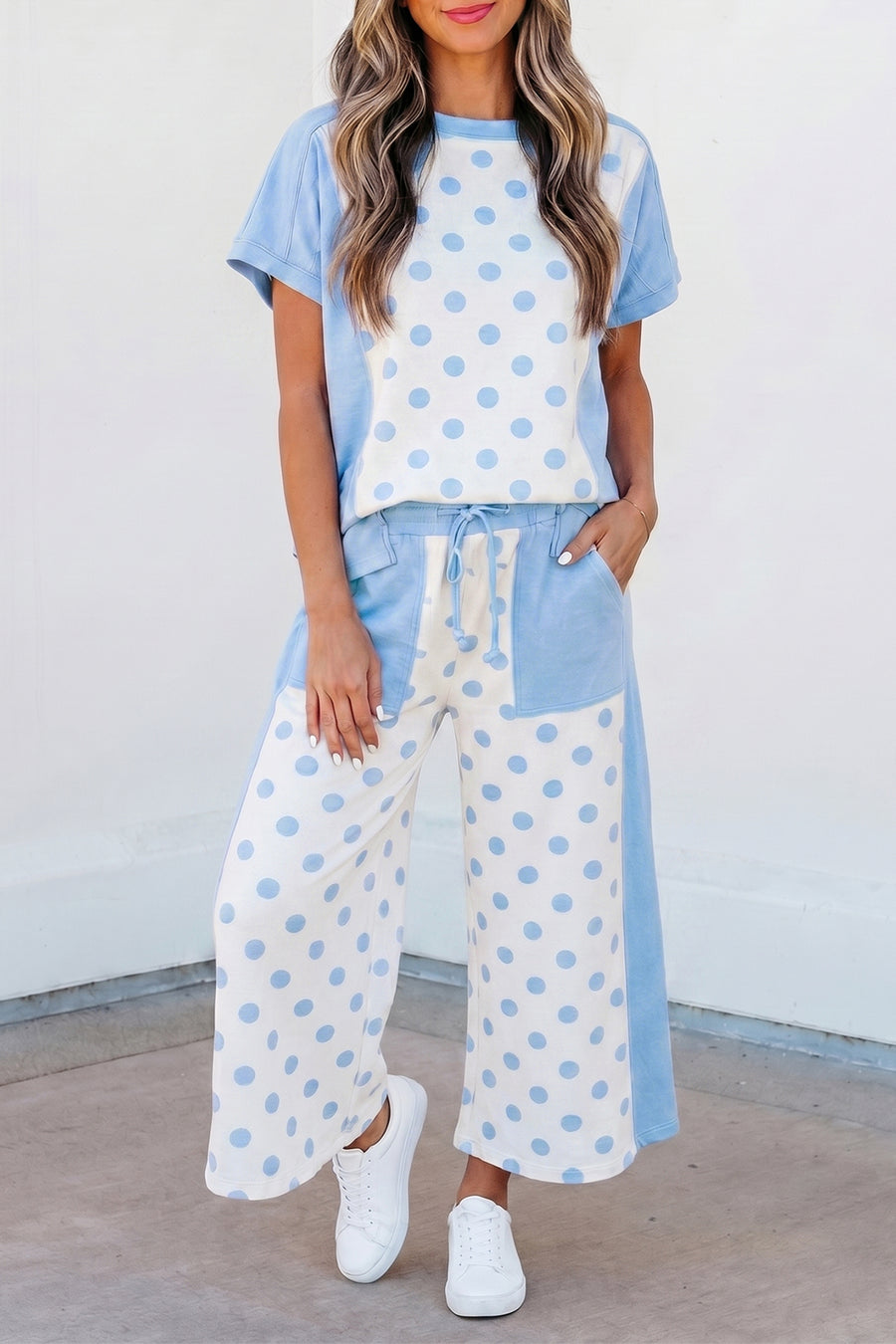 Colour Block Polka Dot Pant Set Women UK in Green — front view of matching co-ord in green — Fashionfitz