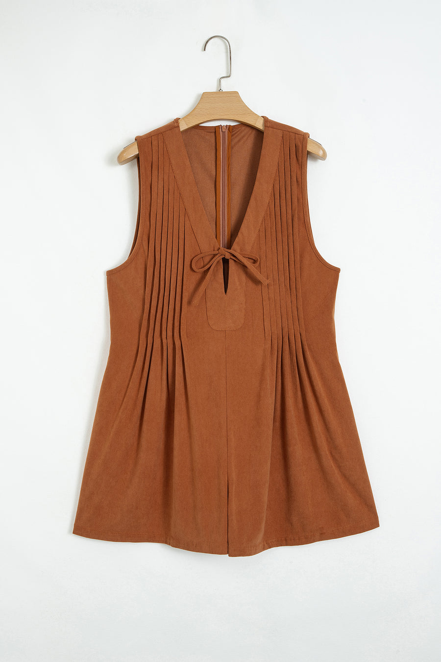 Cinnamon Corduroy Sleeveless Romper Tie V-Neck