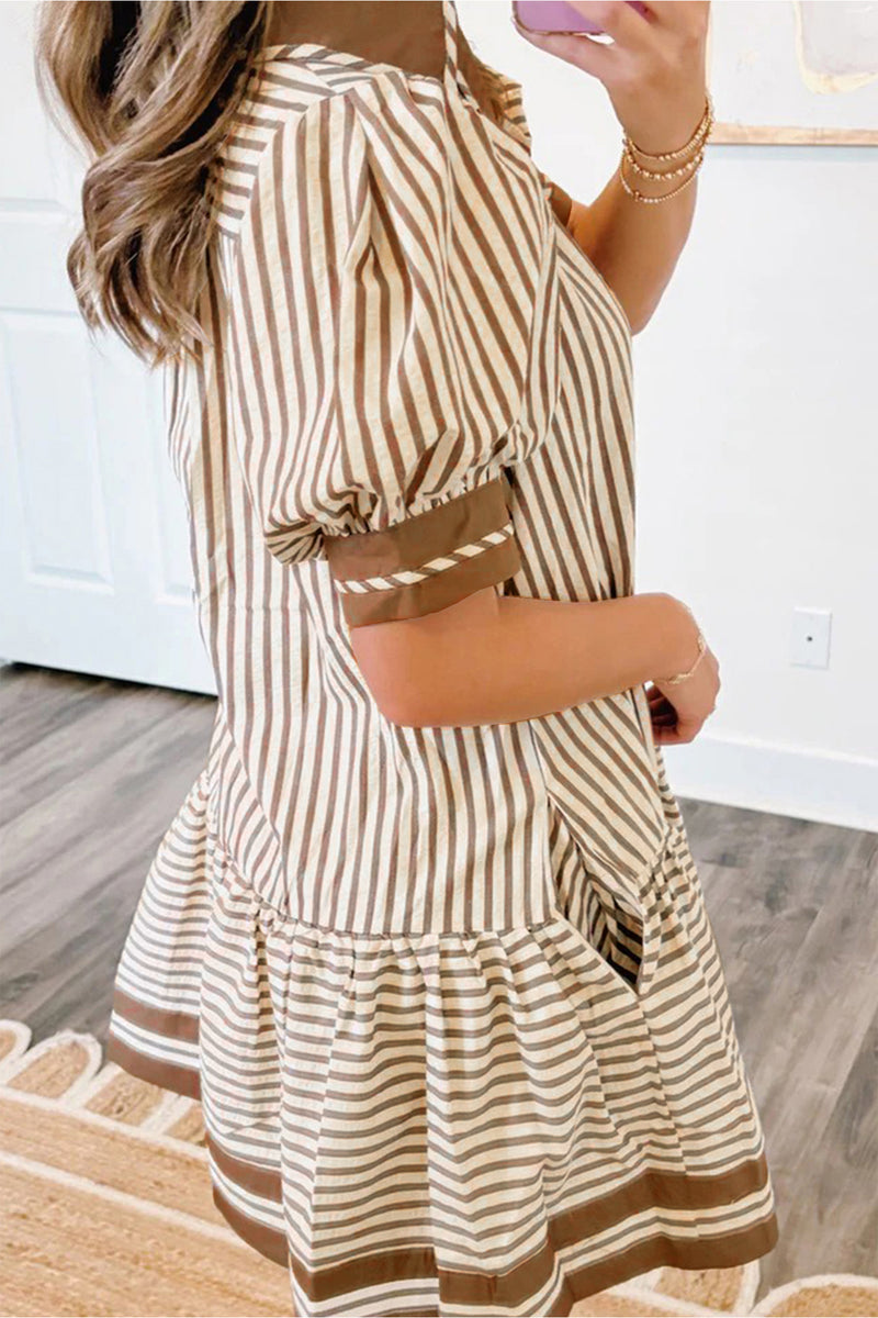 Stripe Shirt Collar Patchwork Ruffle Hem Mini Dress Women UK