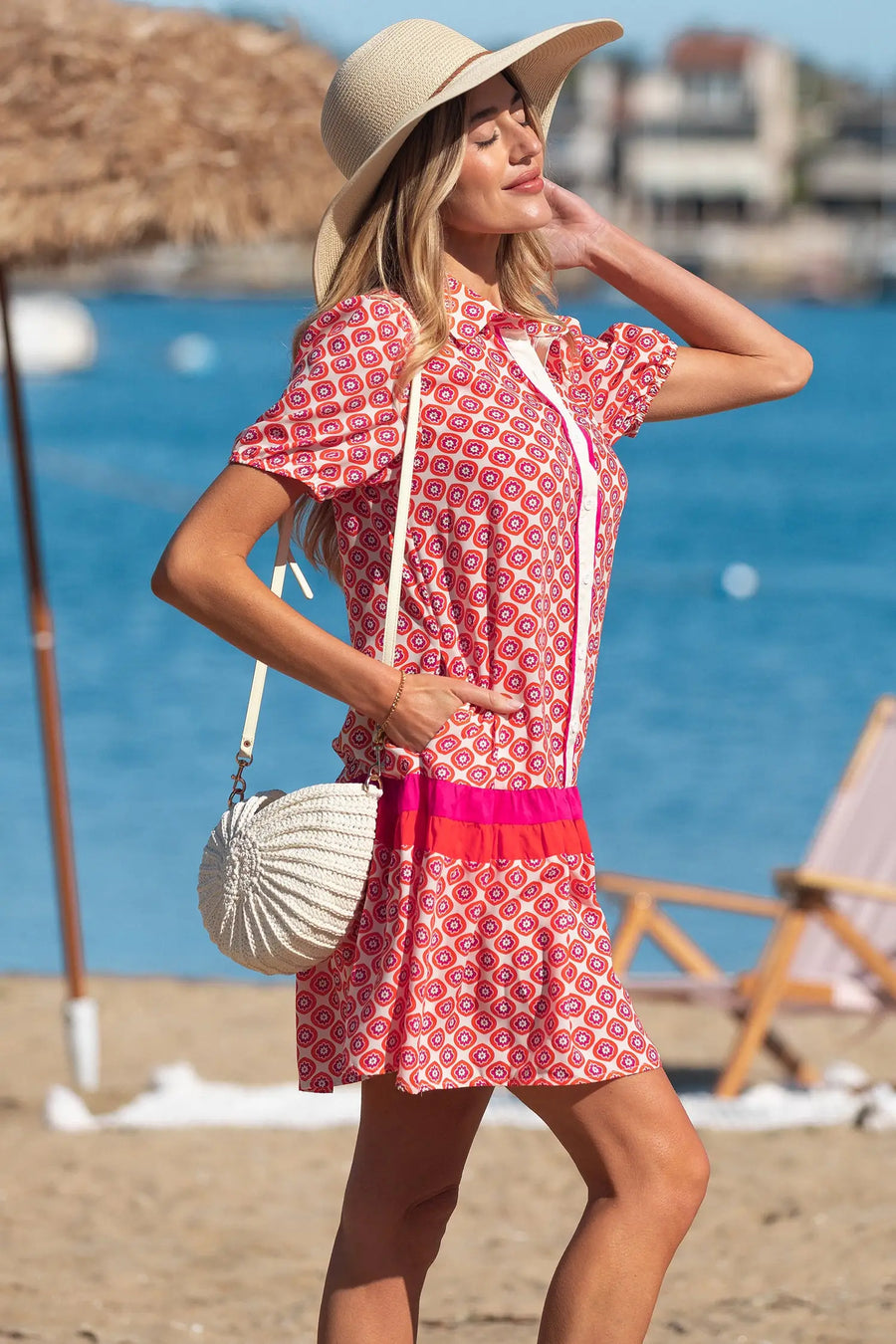Orange Geometric Floral Color Block Trim Button Front Dress Women UK — model shot