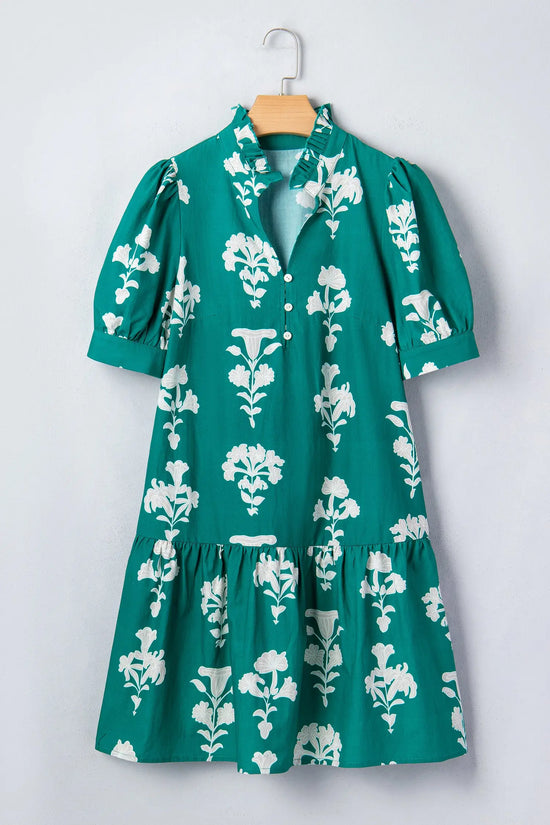 Floral frilled v-neck puff sleeve mini dress dresses