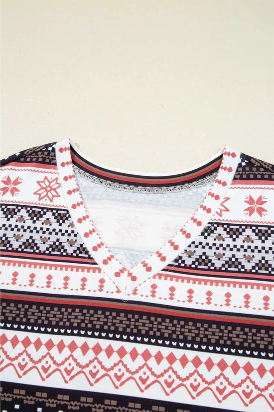 Black christmas retro print lounge set v-neck top high waist pants loungewear