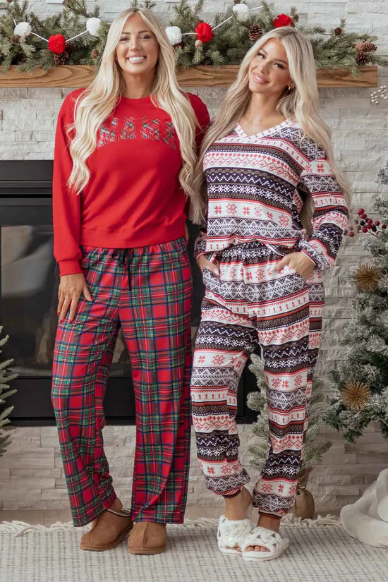 Black christmas retro print lounge set v-neck top high waist pants loungewear