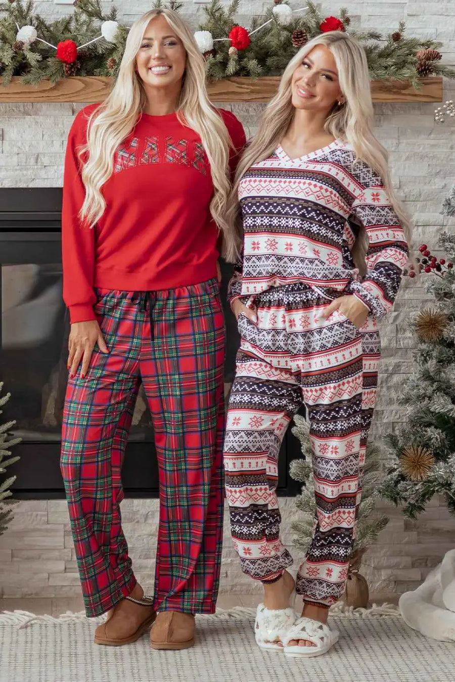 Black christmas retro print lounge set v-neck top high waist pants loungewear