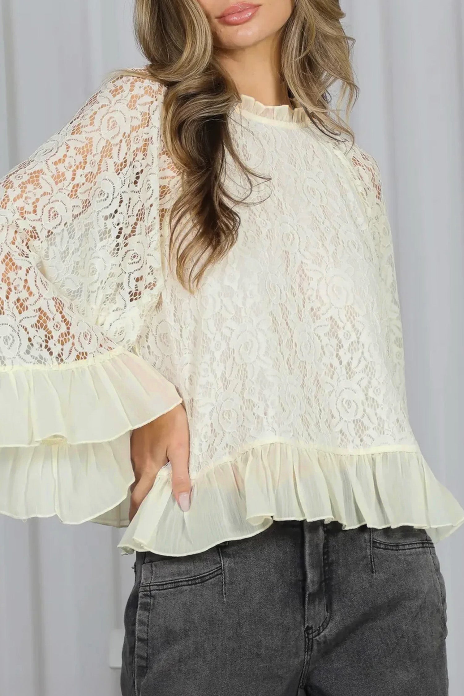 Sheer Lace Floral Round Neck Ruffle Trim Cuff Sleeve Loose Blouse