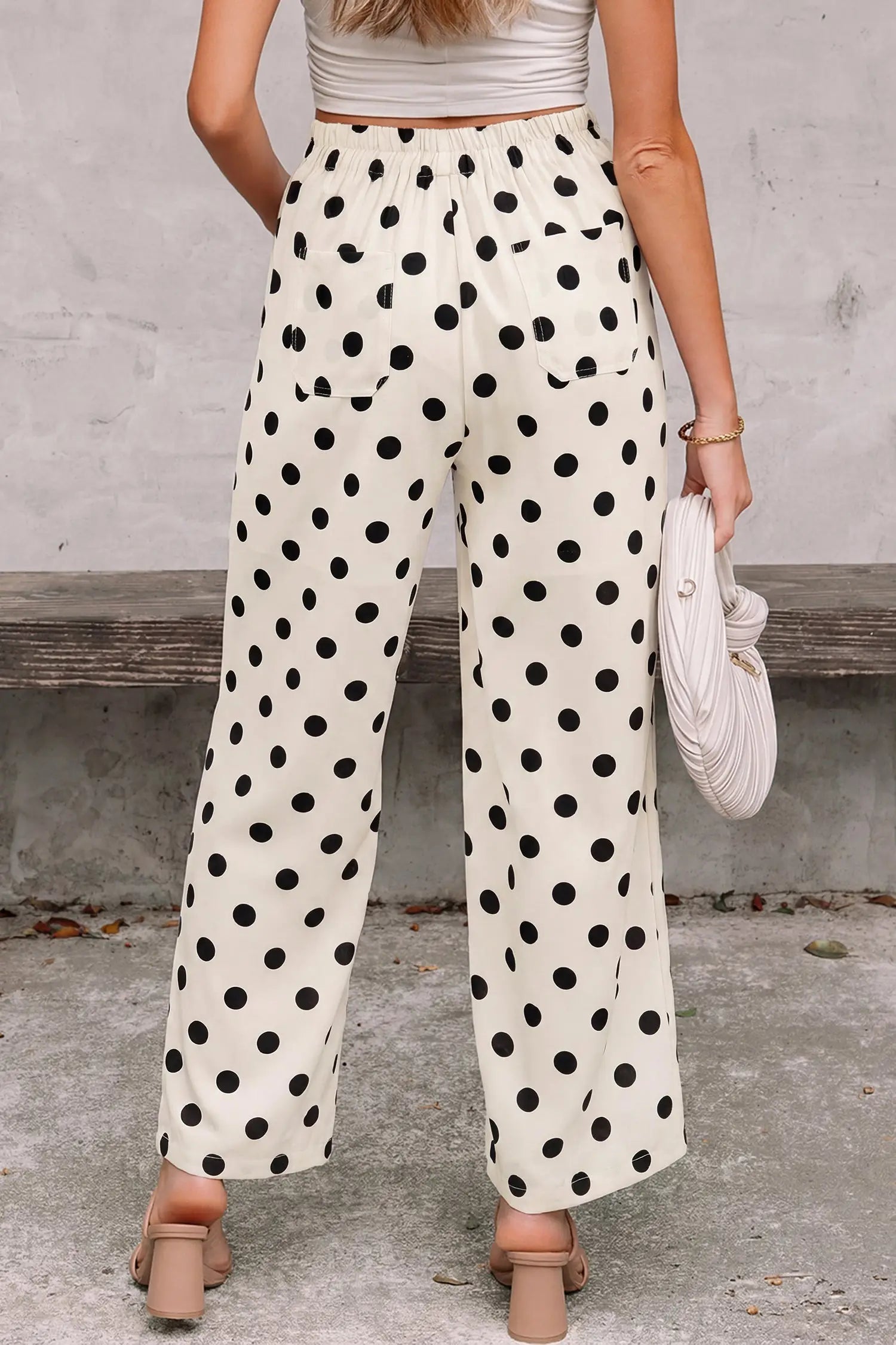Sky blue polka dot print patched pocket mid-rise straight leg pants