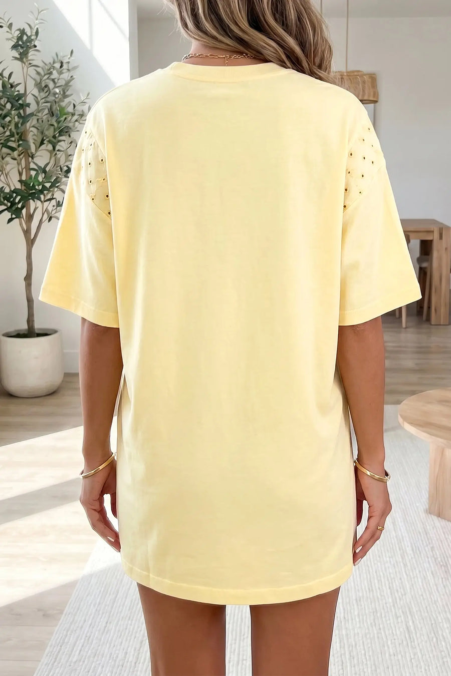 Yellow eyelet lace sleeve mini dress back view — Fashionfitz UK