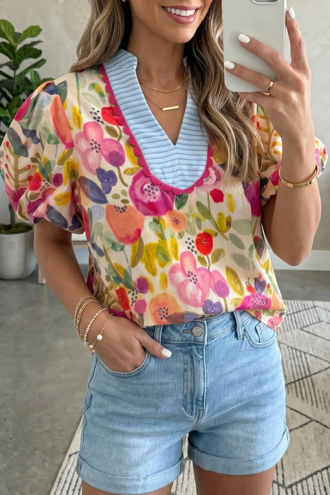 Floral print V-neck puff sleeve cotton blouse front view — Fashionfitz UK