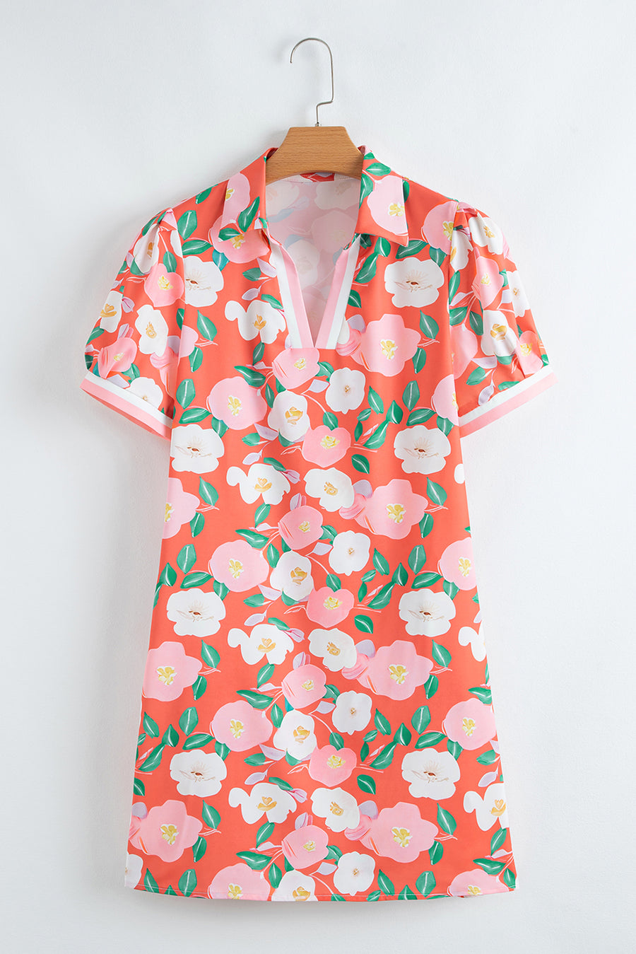 Salmon Floral Contrast Striped Polo Collar T-Shirt Dress Women UK