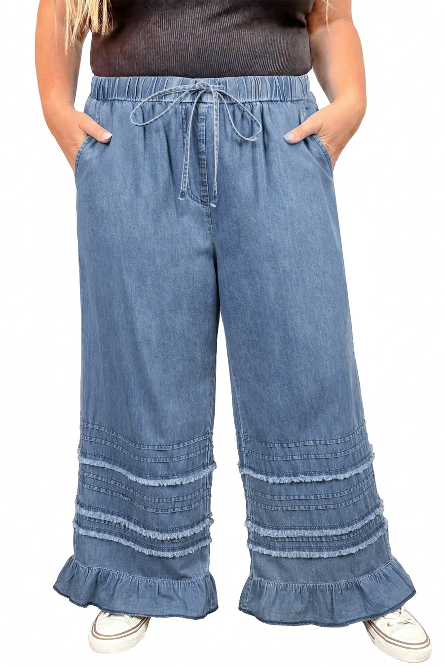 Plus Size Tiered Ruffled Wide Leg Denim Pants Women UK
