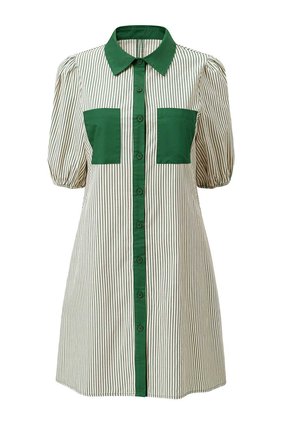Green striped puff sleeve mini dress with button front and contrast collar, designed for modern casual summer styling.