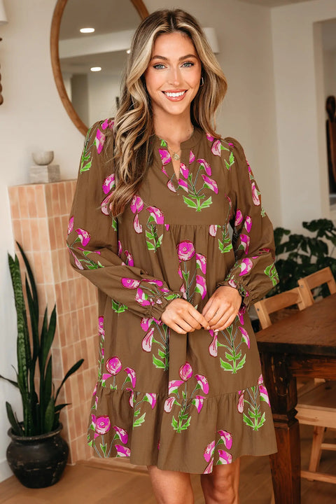 Brown Floral Babydoll Puff Sleeve Ruffle Hem Tunic Dress Women UK — front view