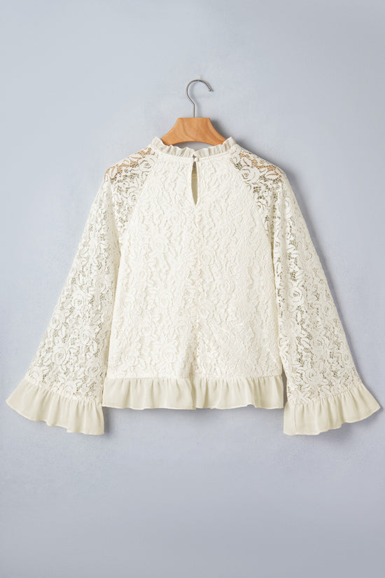 Sheer Lace Floral Round Neck Ruffle Trim Cuff Sleeve Loose Blouse