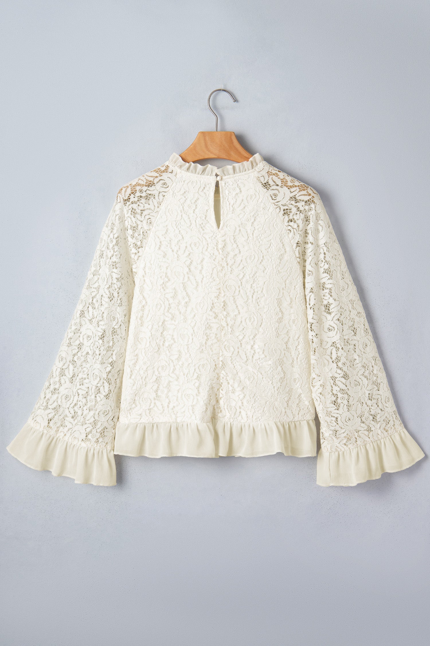 Sheer Lace Floral Round Neck Ruffle Trim Cuff Sleeve Loose Blouse