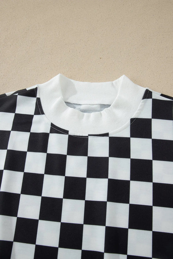Checkered colour block trim mock neck short set outfit sets