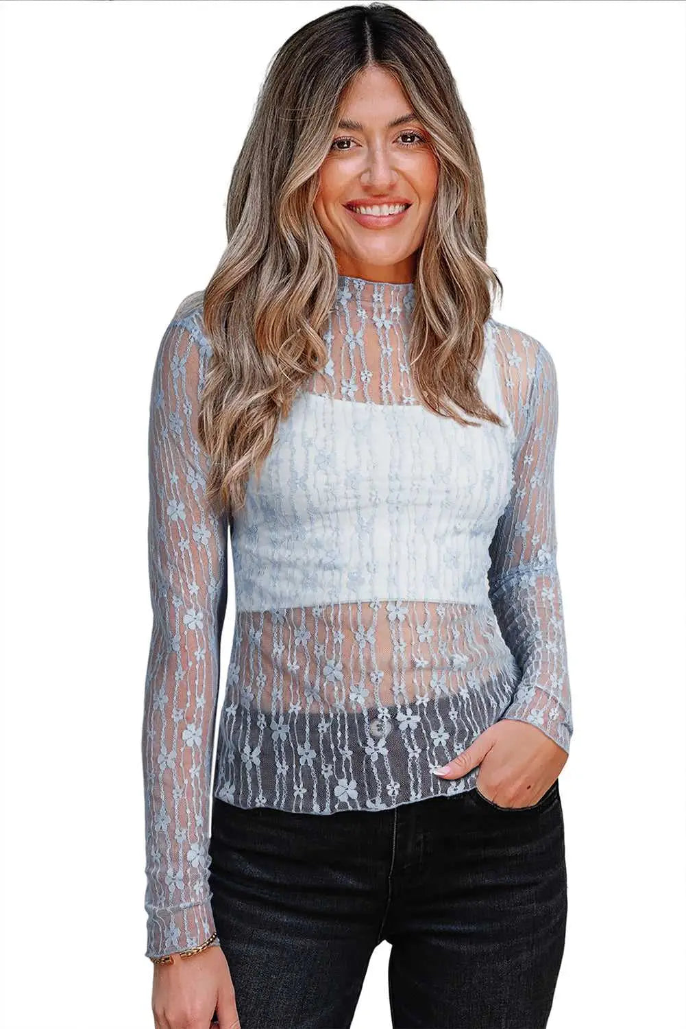 Sheer floral lace slim-fit top blouses