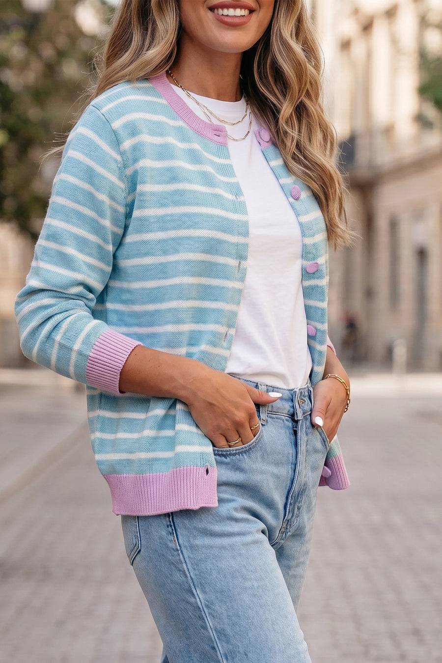 Stripe Contrast Trim Button Down Cardigan Women UK