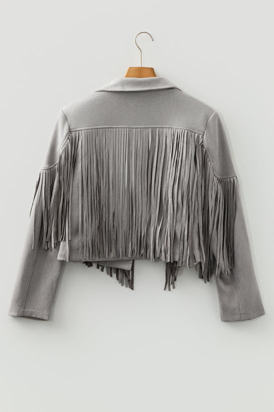 Gray Cropped Fringe Faux Suede Jacket