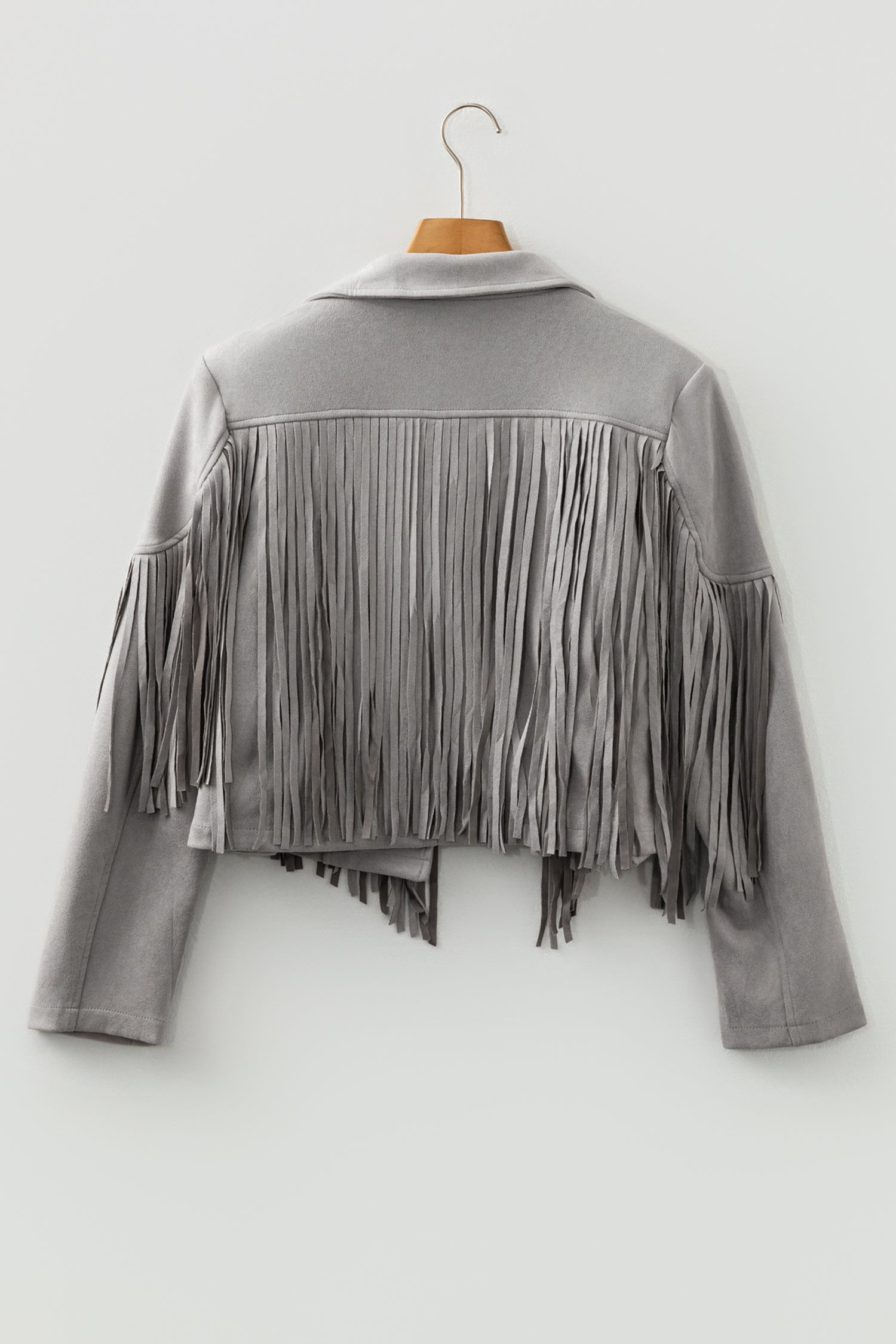 Gray Cropped Fringe Faux Suede Jacket