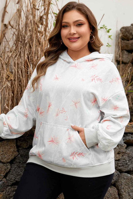 Plus size Curve Floral Print Hoodie in grey with subtle pink flowers, featuring long sleeves and cozy loose fit for casual outings.