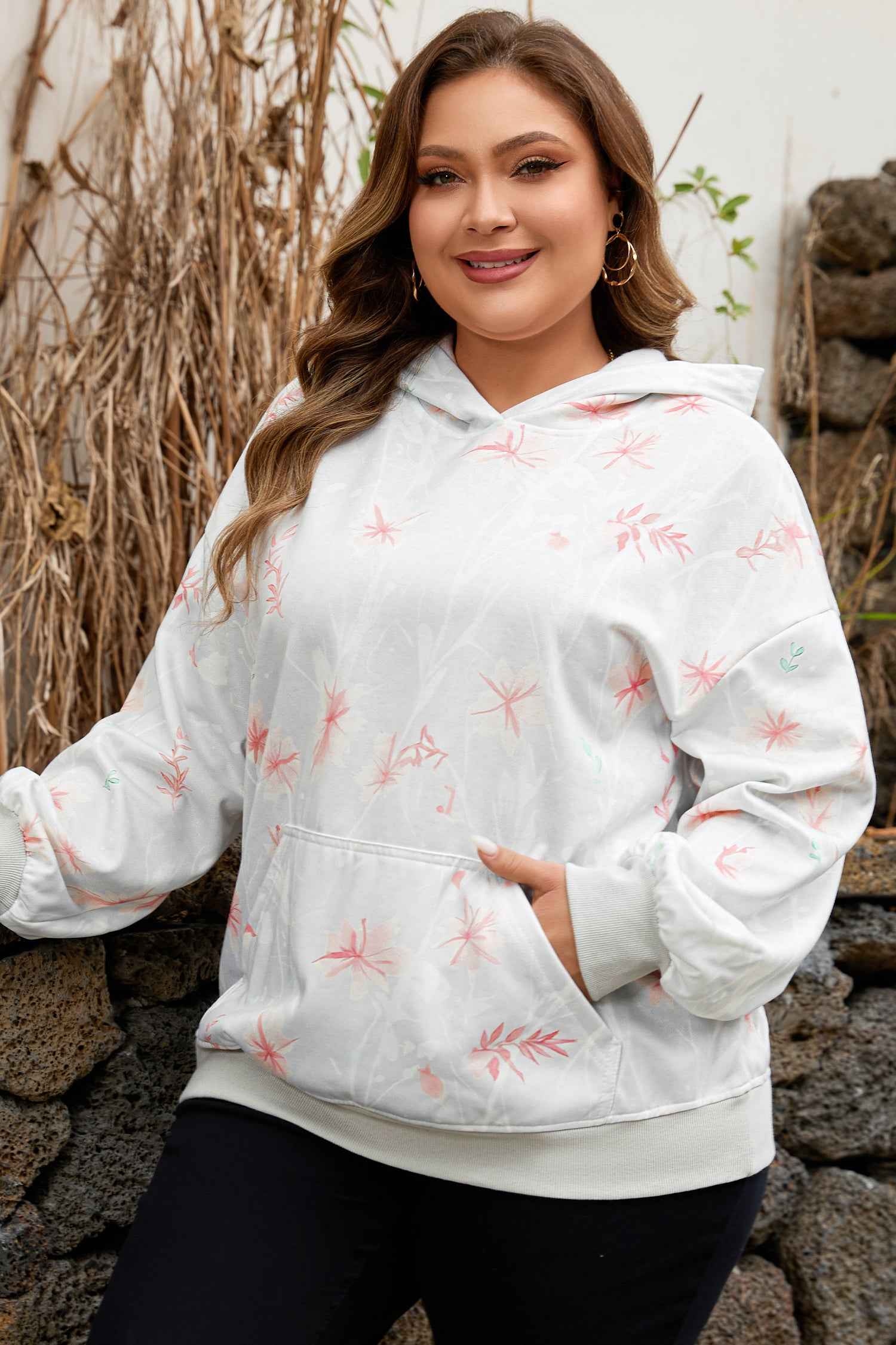 Plus size Curve Floral Print Hoodie in grey with subtle pink flowers, featuring long sleeves and cozy loose fit for casual outings.