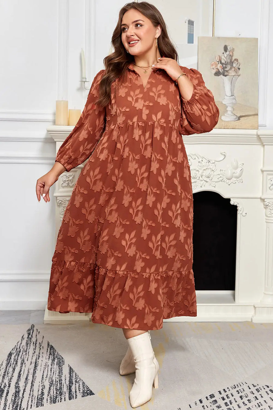 Cinnamon Plus Size 3D Flower Ruffle Hem 3/4 Sleeve Long Dress Women UK