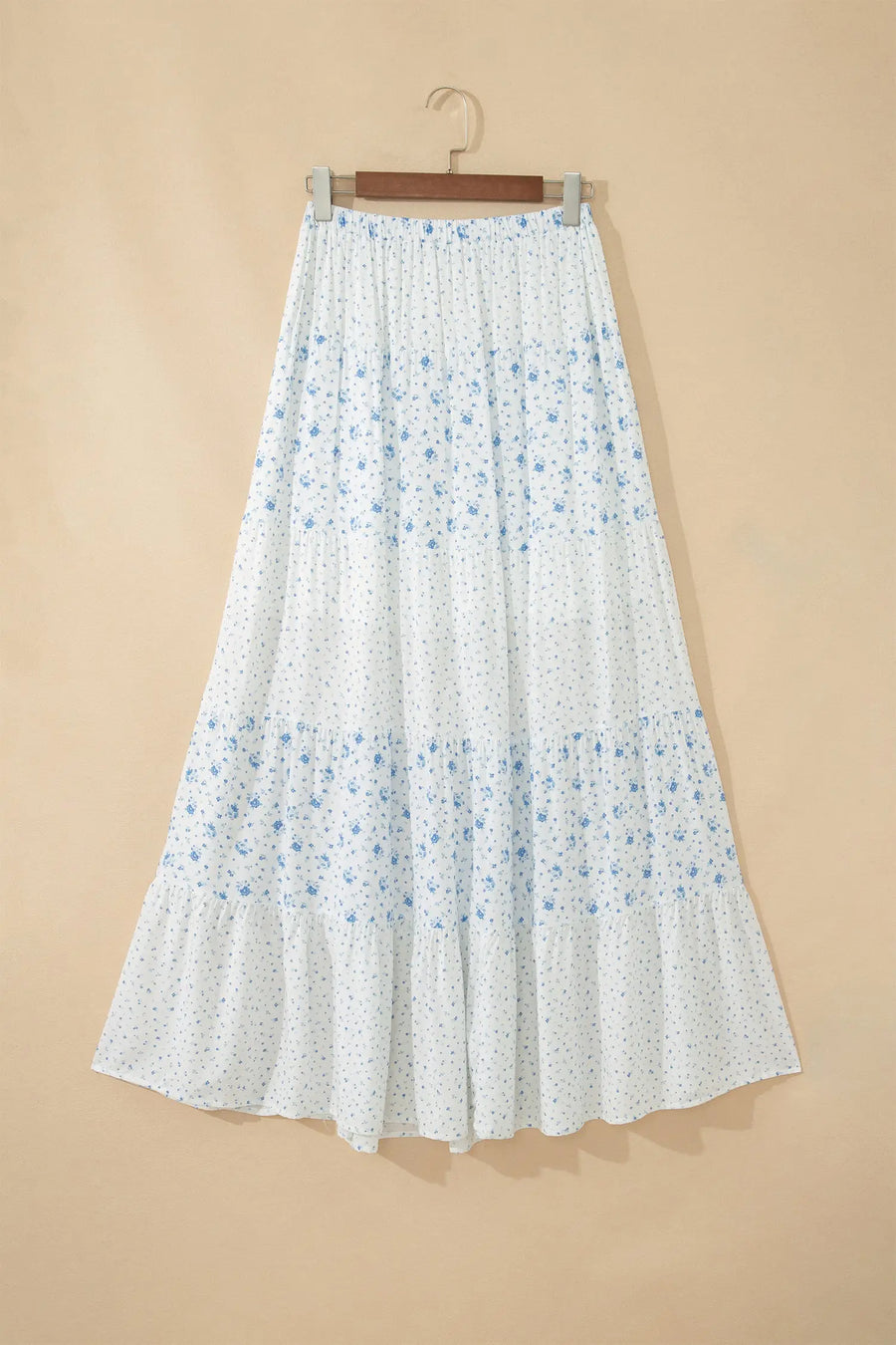 Sky blue tiered floral patchwork boho maxi skirt elastic waist ruffle hem skirts