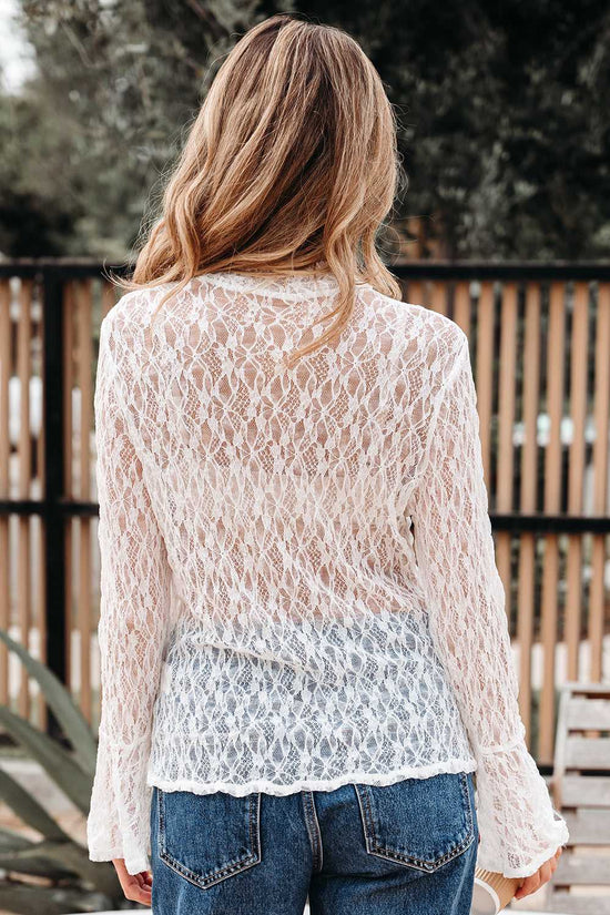 White Sheer Lace Bell Sleeve Blouse