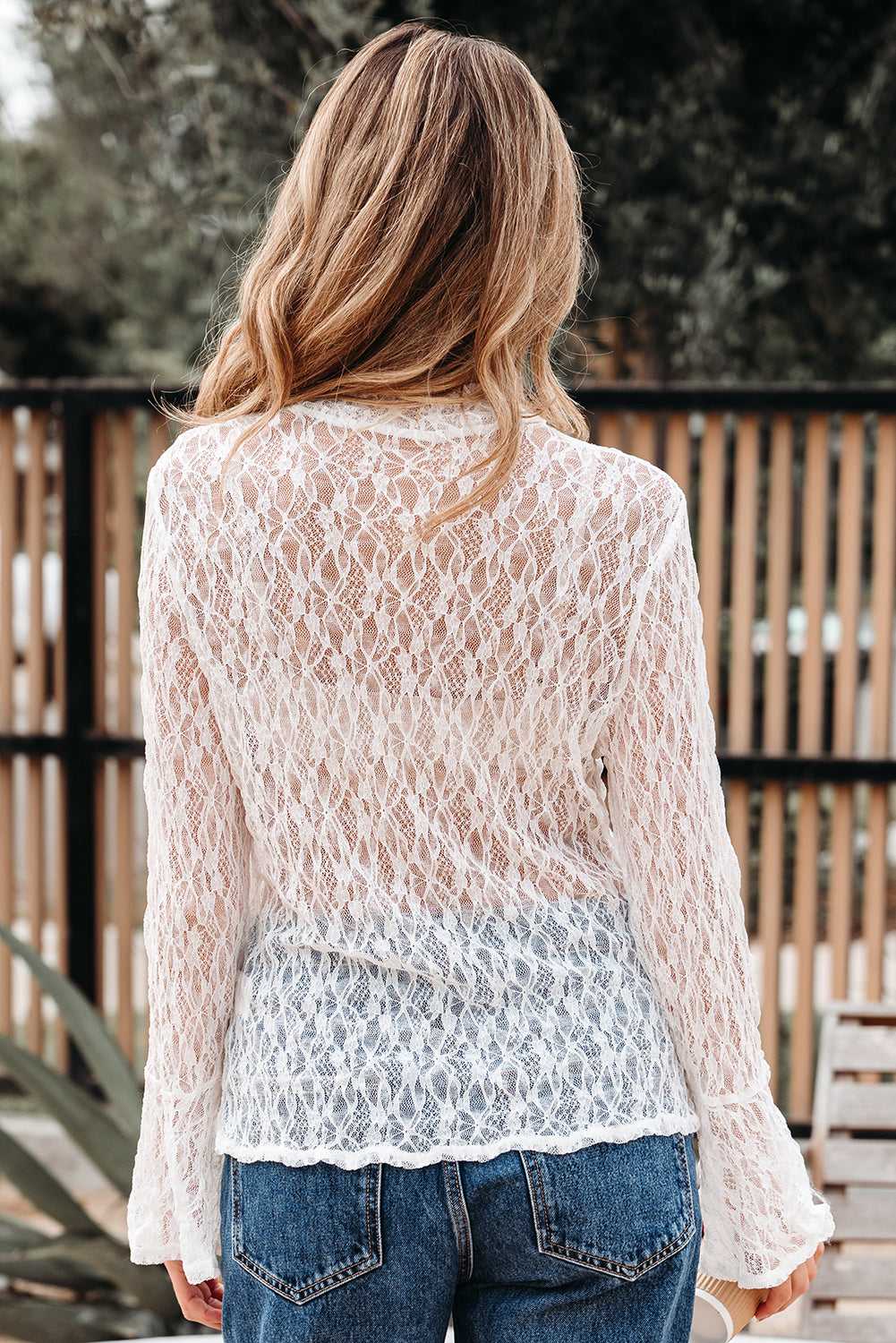 White Sheer Lace Bell Sleeve Blouse