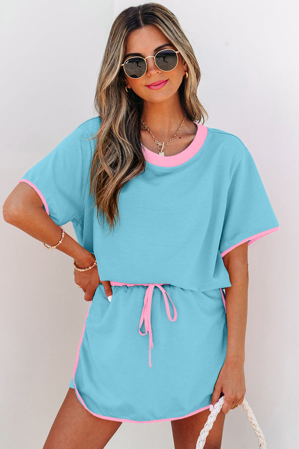 Turquoise Colorblock Drop Shoulder Tee Skort 2-Piece Set Women UK