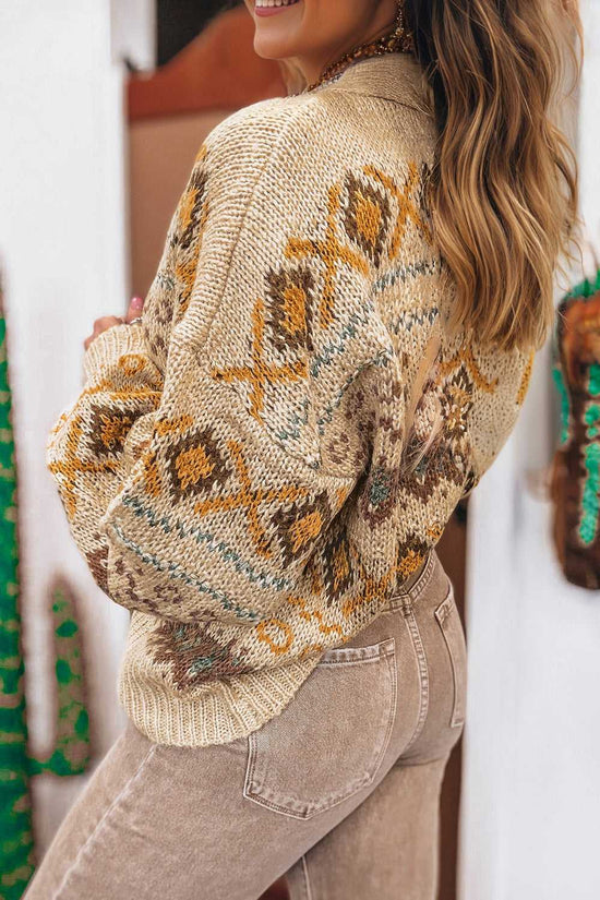 Side view of Women's Khaki Western Pattern Knit Cardigan showing detailed knit texture and relaxed fit. Ideal for autumn layering.