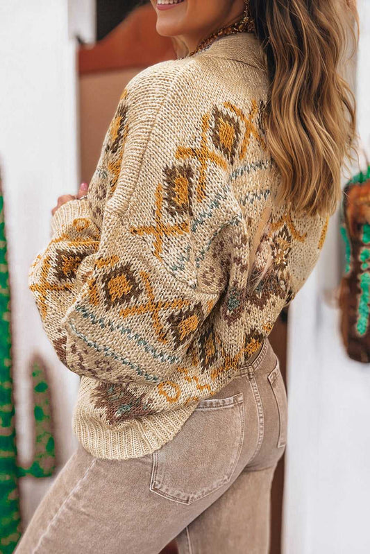 Side view of Women's Khaki Western Pattern Knit Cardigan showing detailed knit texture and relaxed fit. Ideal for autumn layering.