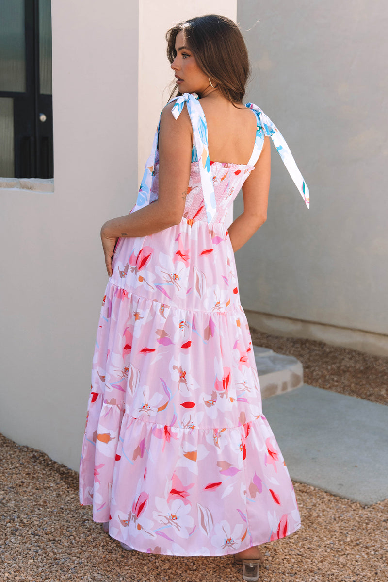Pink Floral Knotted Shoulder Smocked Maxi Dress Women UK