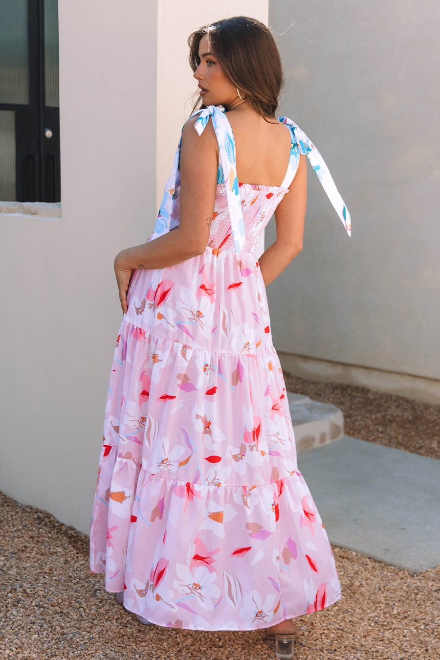 Pink Floral Knotted Shoulder Smocked Maxi Dress Women UK
