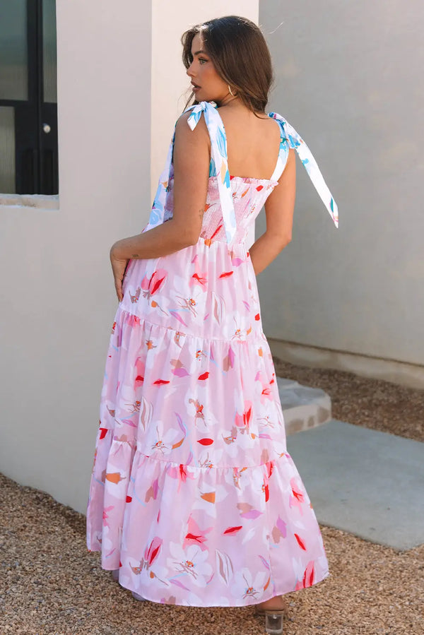 Pink Floral Knotted Shoulder Smocked Maxi Dress Women UK — back view