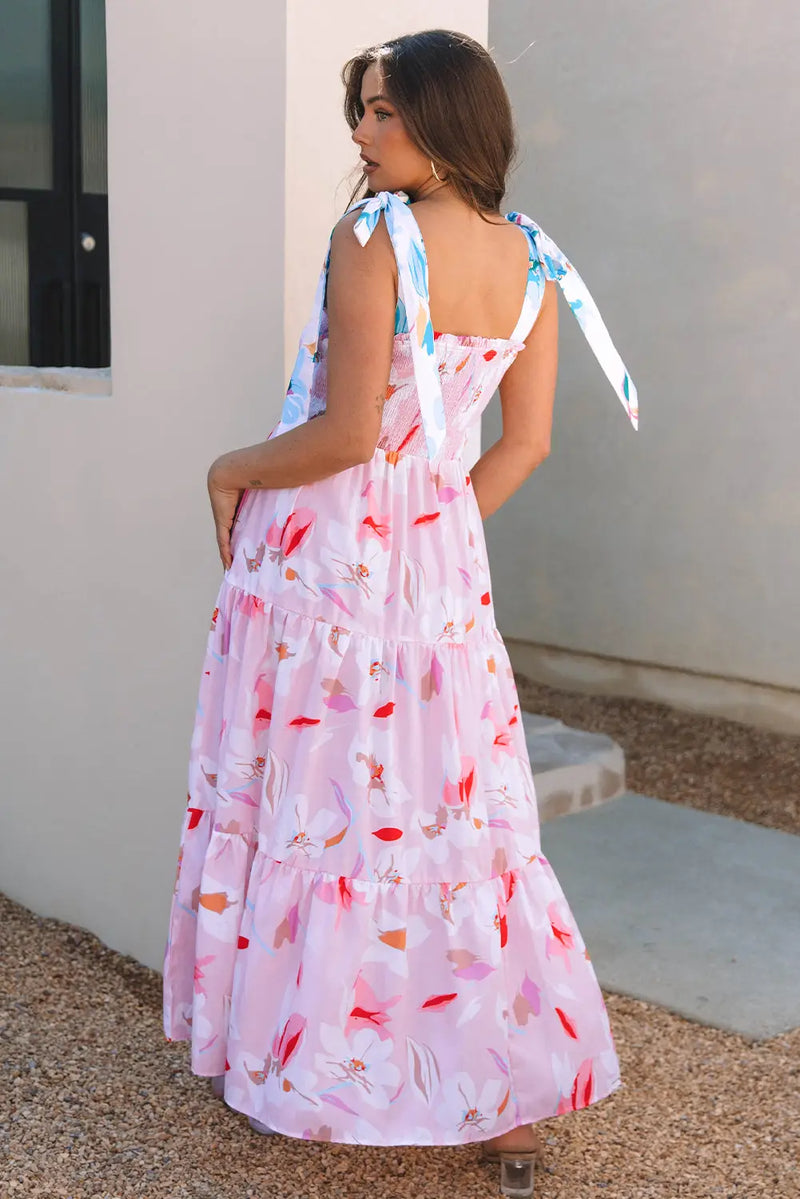 Pink Floral Knotted Shoulder Smocked Maxi Dress Women UK — back view